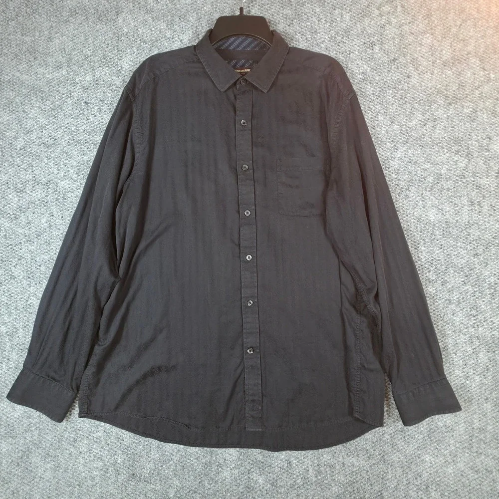 JOHNSTON‎ & MURPHY Mens Black Textured Stripe Long Sleeve Button Up Shirt XXL